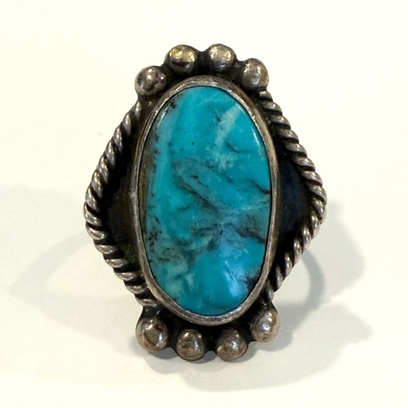 Vintage Sterling Silver 925 Turquoise Southwest Ring Size 5.25 Rope Cable